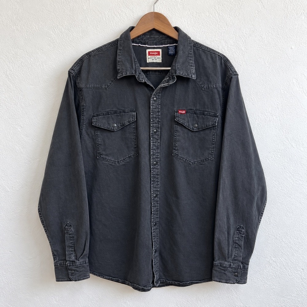 Wrangler Men 2XL Black Washed Denim Long Sleeve Western Pearl Snap Stretch Shirt